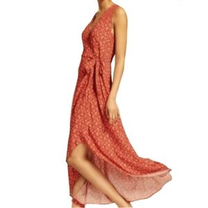 Gorgeous Coral Red Floral Wrap Sun Dress Asymmetrical Long Midi Spring Summer